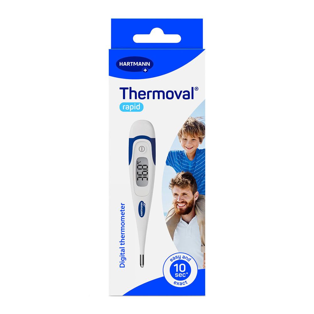 Thermometer in verpakking. Digitale display, wit en blauw. Hartmann Thermoval rapid. Verpakking met afbeelding van gezin.