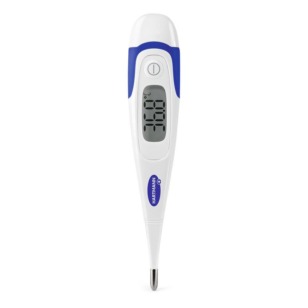 Digitale thermometer, wit en blauw. Display: 36,5°C. Hartmann Thermoval. Met knop. Metalen punt.