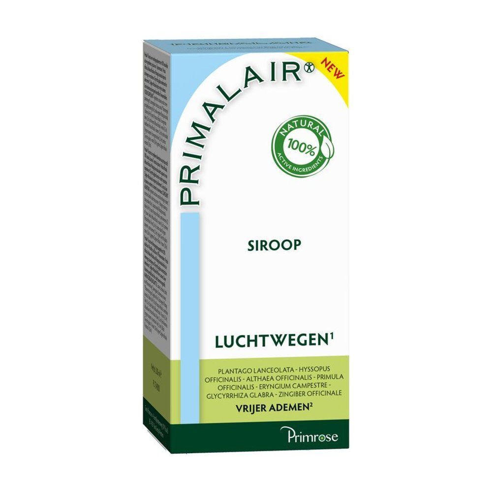 Doos Primrose Primalair Sirop. Wit, blauw en groen. Tekst: "Luchtwegen", "Vrijer ademen".