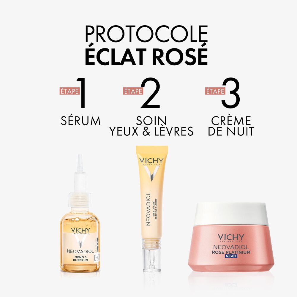 Trois produits : sérum, soin yeux & lèvres, crème de nuit. Texte : Protocole éclat rosé.