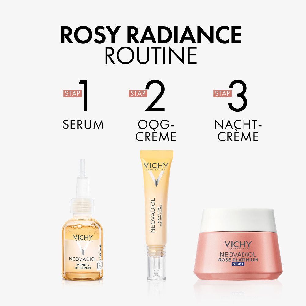 Drie producten: serum, oog- & lippenverzorging, nachtcrème. Tekst: Rosy radiance routine.