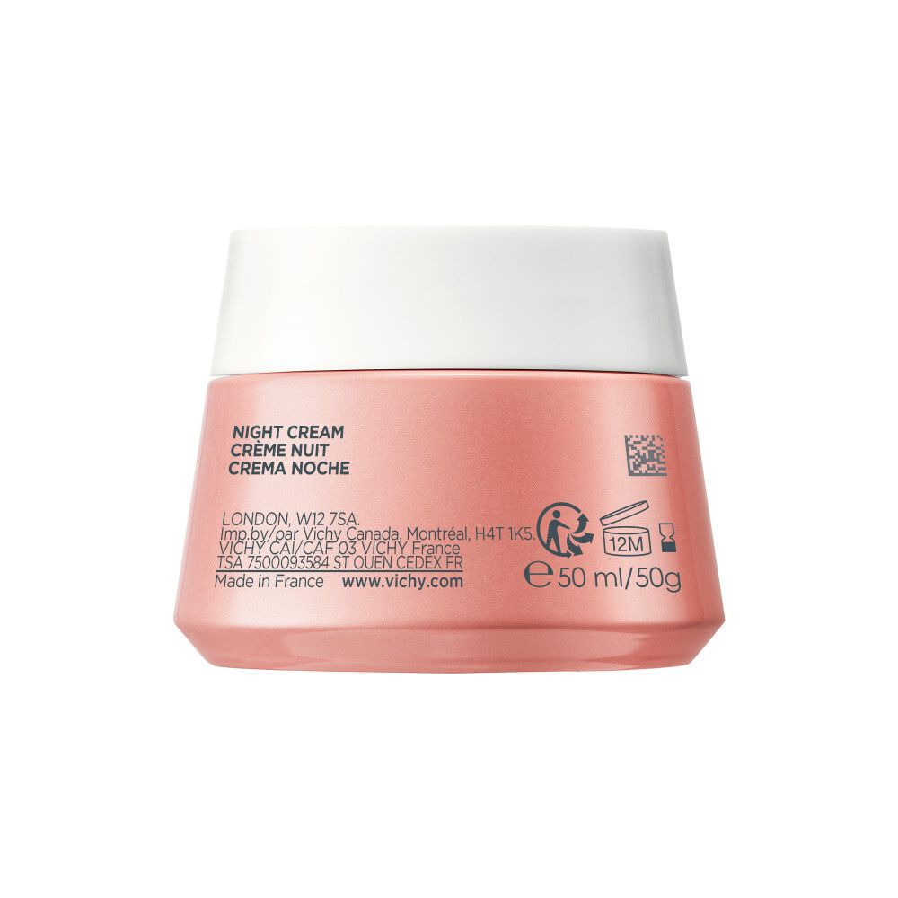 Achterkant van de roze crème pot. Tekst: Night Cream, Creme Nuit, Crema Noche. 50 ml/50g.