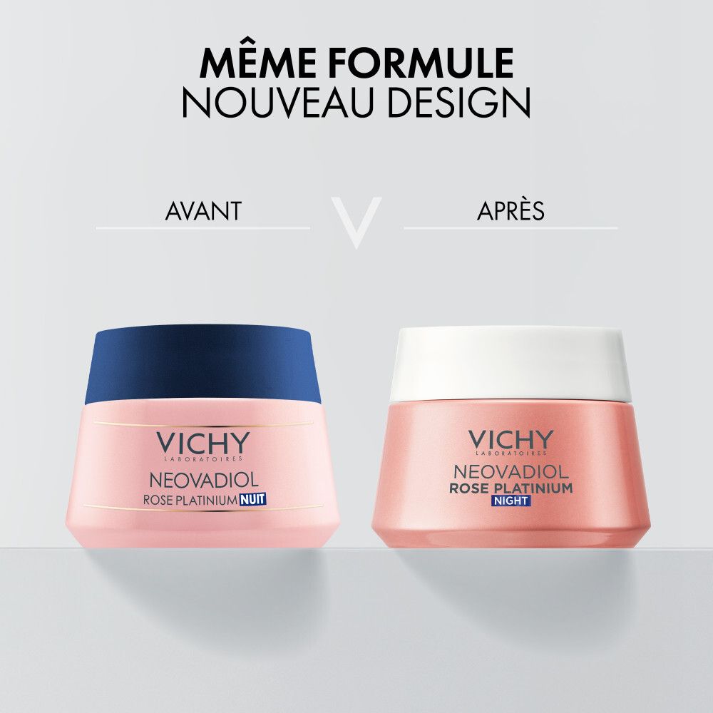 Comparaison avant-après. Deux pots de crème rose. Texte : Même formule nouveau design.