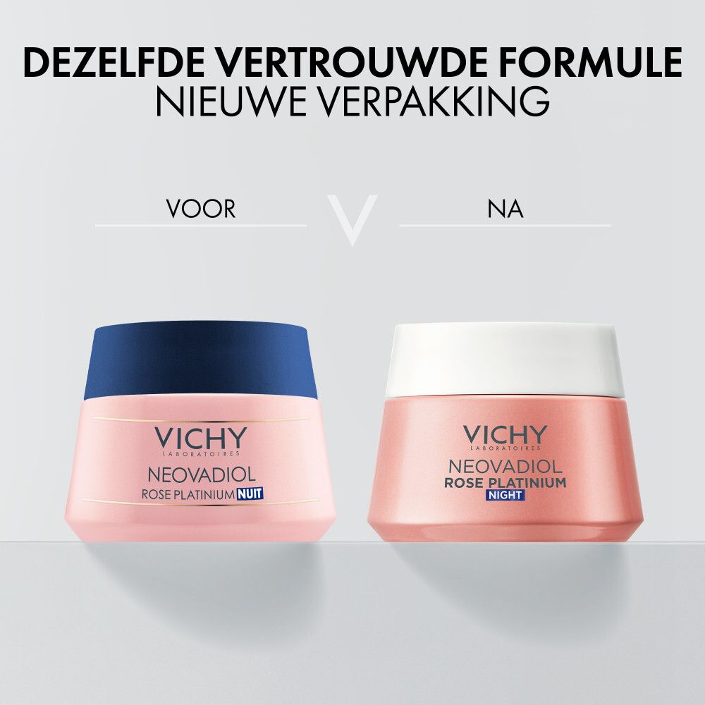 Voor-en-na vergelijking. Twee roze crème potten. Tekst: Dezelfde vertrouwde formule nieuwe verpakking.