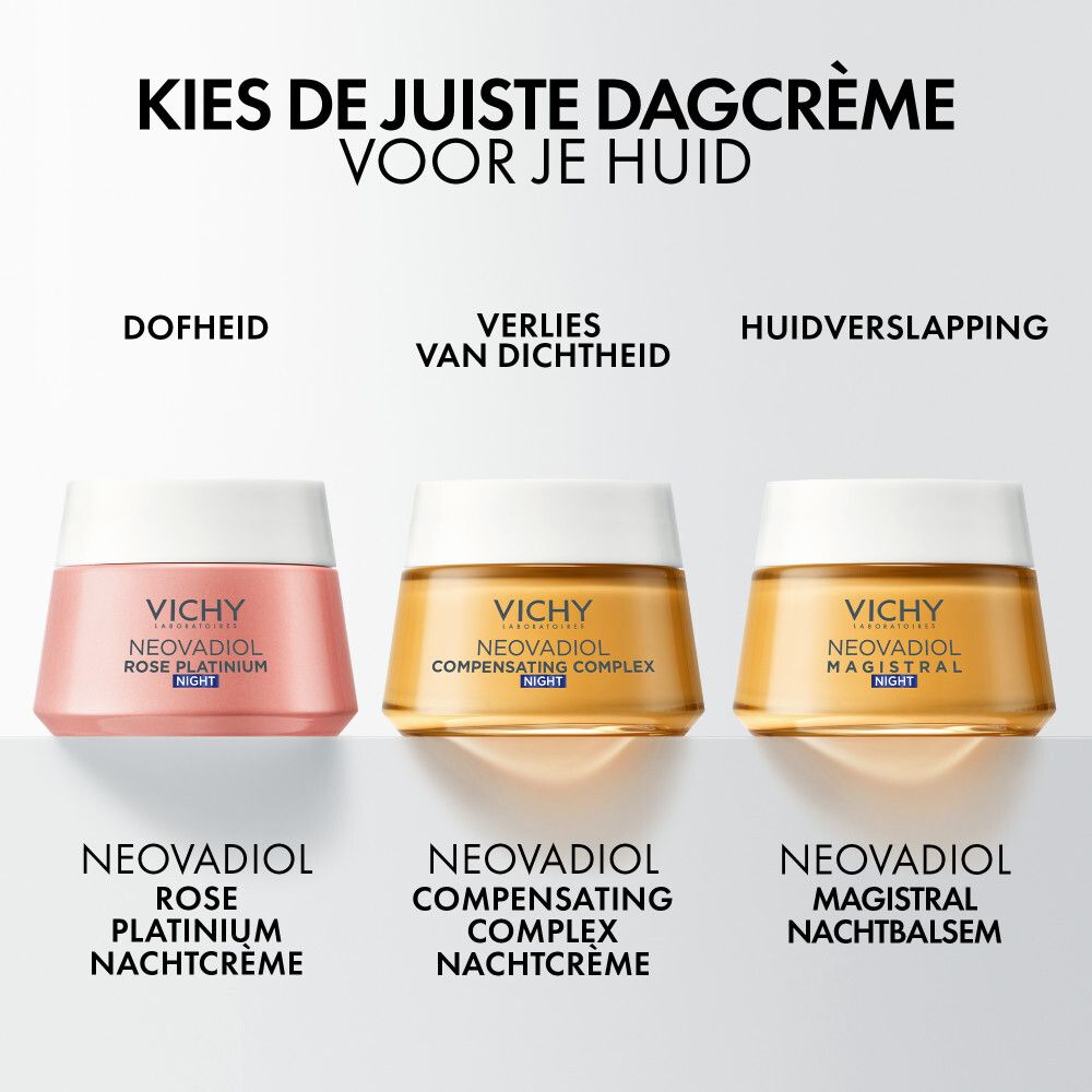 Drie crème potten. Tekst: Dofheid, verlies van dichtheid, huidverslapping.