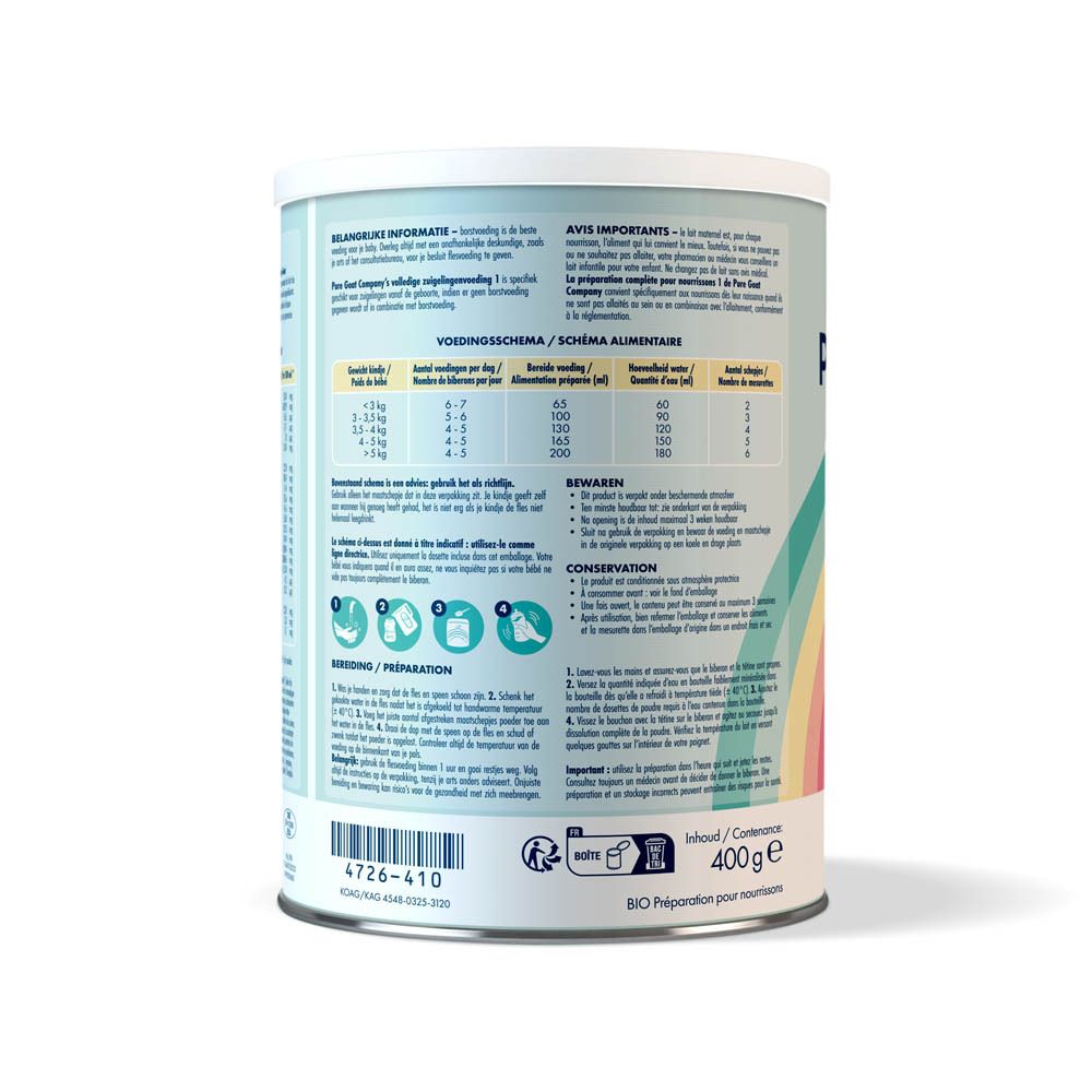 Achterkant van het blik Pure Goat Company Bio 1. Tekst: dosering, bereiding, ingrediënten, 400g.