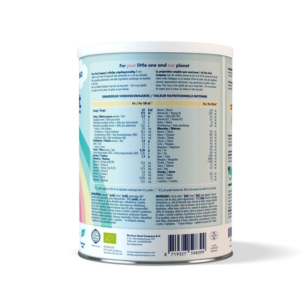 Achterkant van het blik Pure Goat Company Bio 1. Voedingstabel, ingrediënten, tekst, bio-keurmerk.