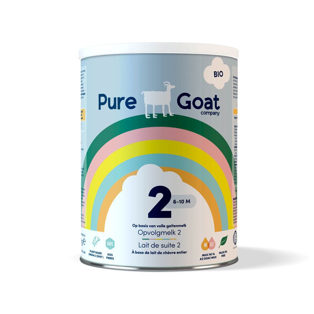 Boîte lait de suite 2 Bio, 6-12 mois. Logo chèvre, arc-en-ciel. Inscription: Pure Goat Company.