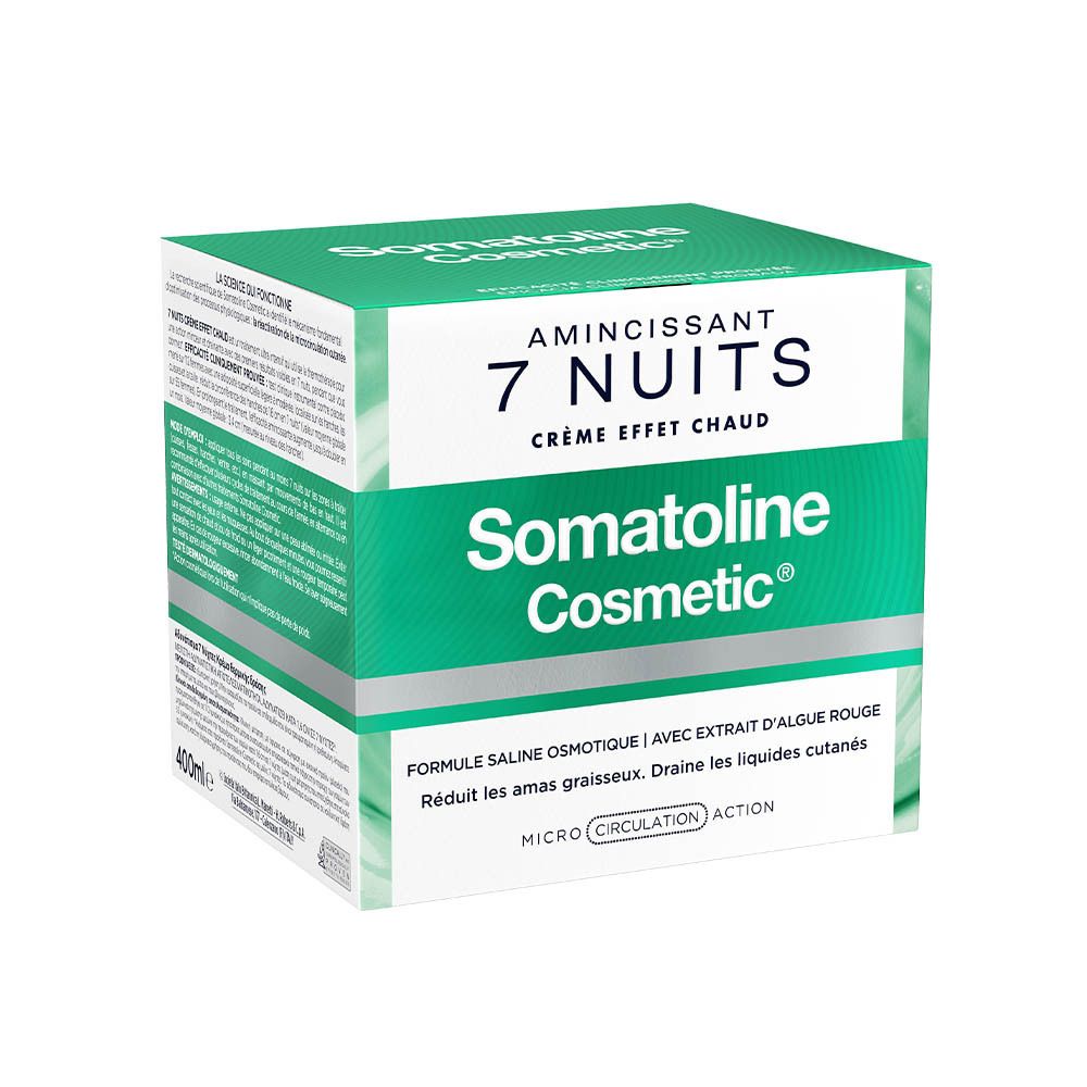 Boîte Somatoline Cosmetic, verte. Inscription: 7 Nuits, Crème effet chaud. Contenance 400ml.