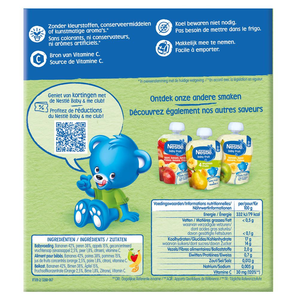 Achterkant van de NESTLE Baby Fruit® verpakking. Bevat informatie en afbeeldingen.