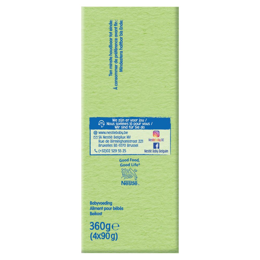 Zijkant van de NESTLE Baby Fruit® verpakking met informatie. 360g (4x90g).