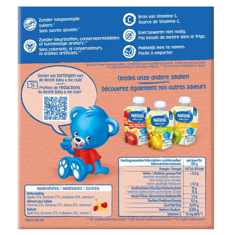 Achterkant van de kartonnen verpakking met informatie over NESTLE Baby Fruit. Bevat voedingswaarde, ingrediënten en QR-code.