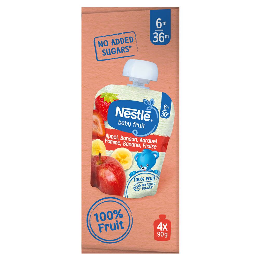 Kartonnen verpakking met een knijpzakje NESTLE Baby Fruit Appel-Banaan-Aardbei. Productafbeelding en beer.