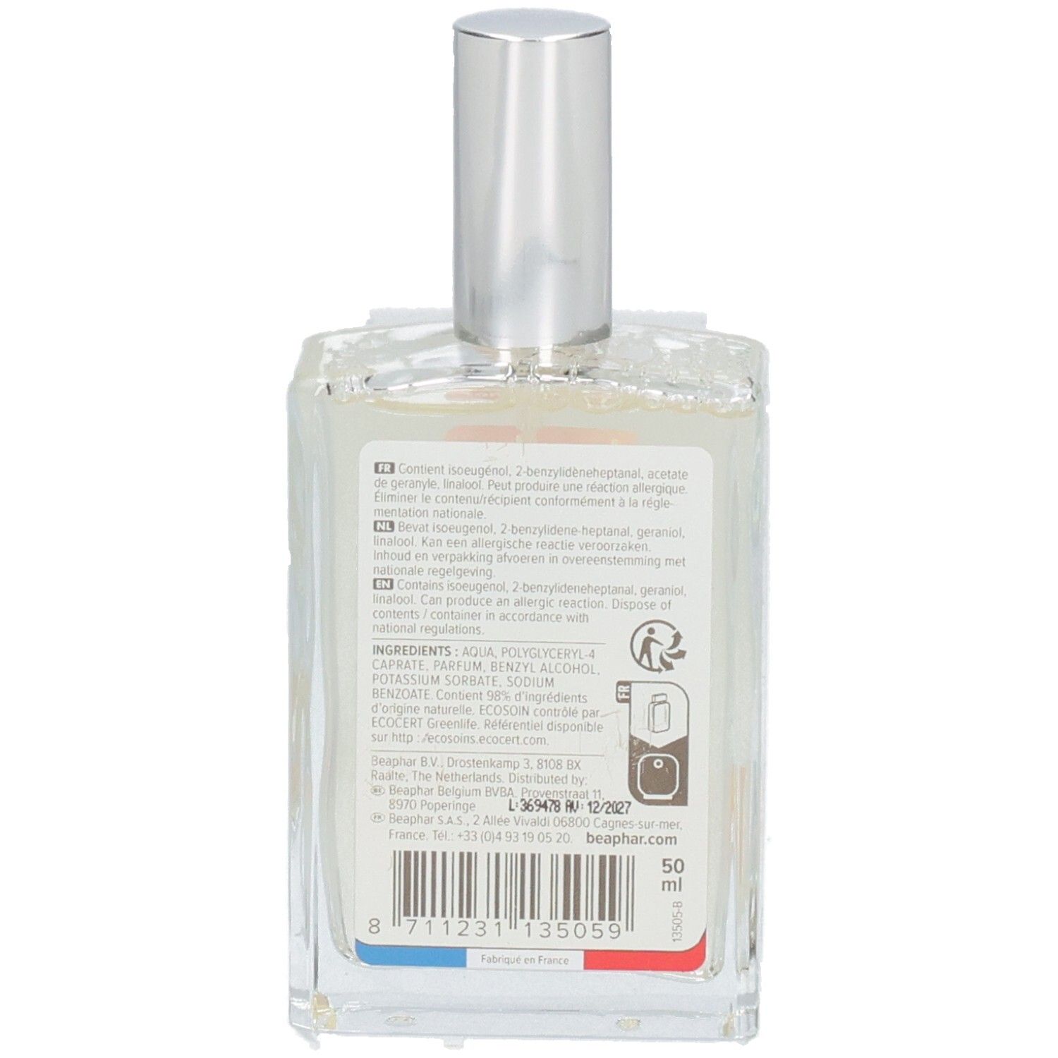 Dos du flacon Beaphar Mr Filou. Étiquette avec ingrédients, informations fabricant, code-barres et indication 50 ml.