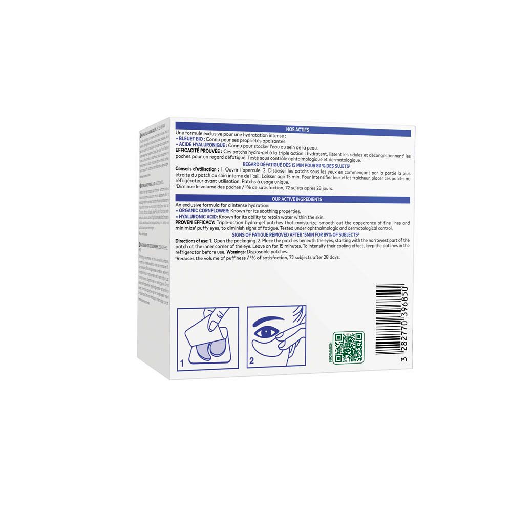 Achterkant Klorane oogpatches doos. Tekst: Ingrediënten, gebruiksaanwijzing, QR-code, 3282770396850.