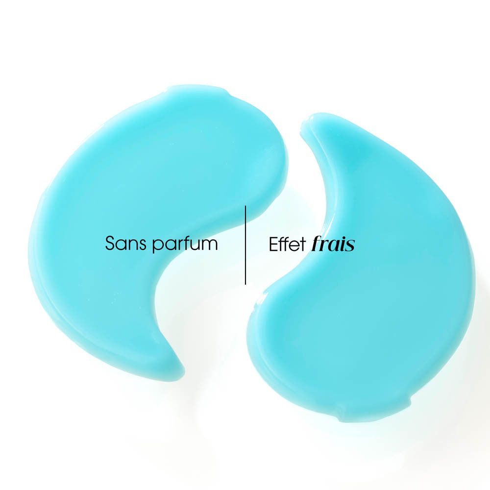Deux patchs bleus pour les yeux. Sans parfum, effet frais. Gros plan.