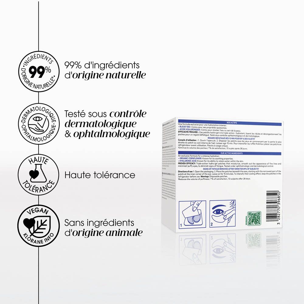 Verso de la boîte Klorane. Informations produit, certifications et code QR.