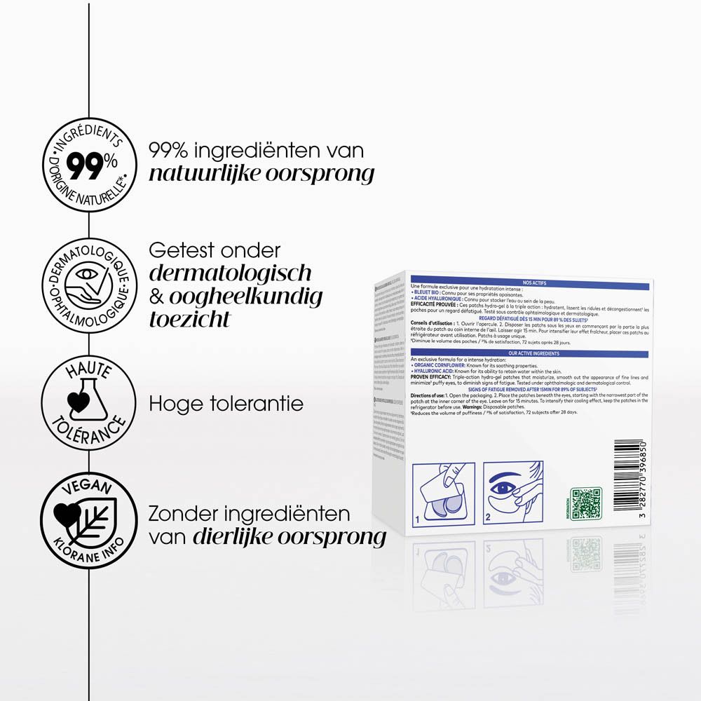 Achterkant Klorane oogpatches doos. Tekst: Ingrediënten, gebruiksaanwijzing, QR-code, 3282770396850.