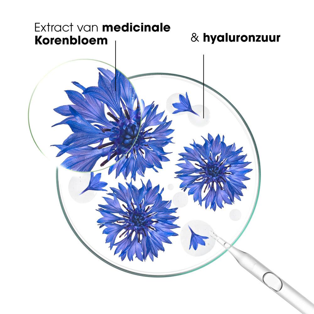 Blauwe korenbloem bloemen en extract. Tekst: Extract van korenbloem & hyaluronzuur.