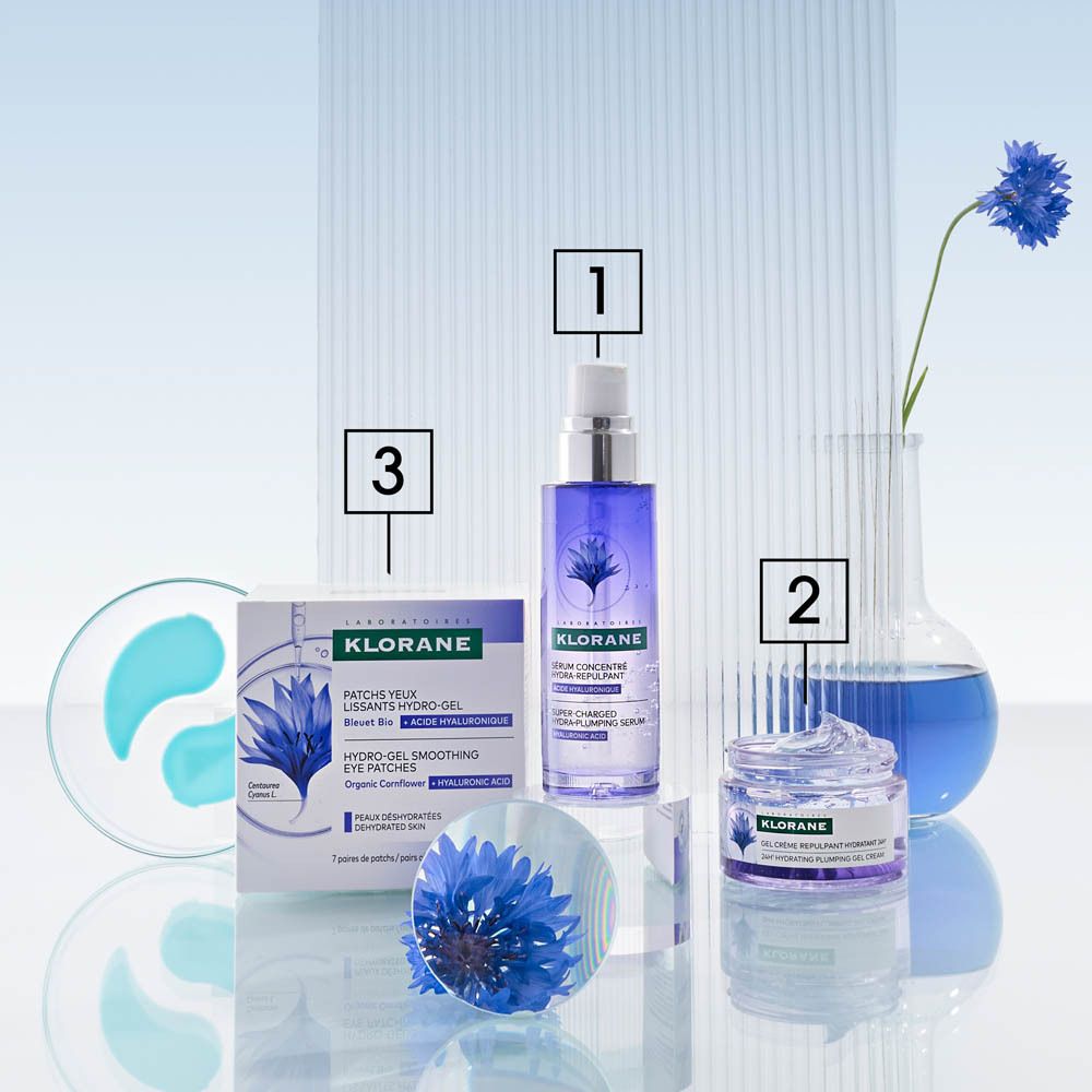 Ensemble de produits. Sérum, crème et patchs yeux Klorane. Présentation du produit.