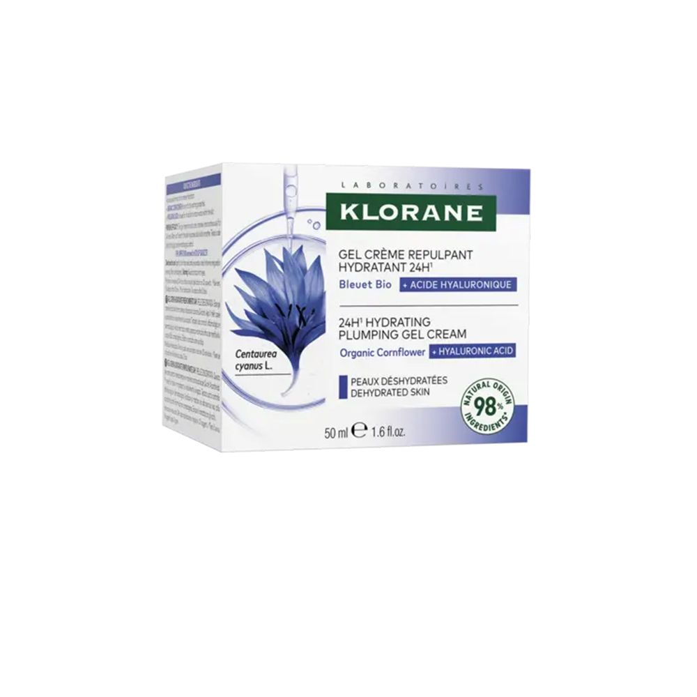 Emballage du produit. Inscription : Klorane, Gel Crème Repulpant Hydratant 24H. Illustration de fleur bleue.