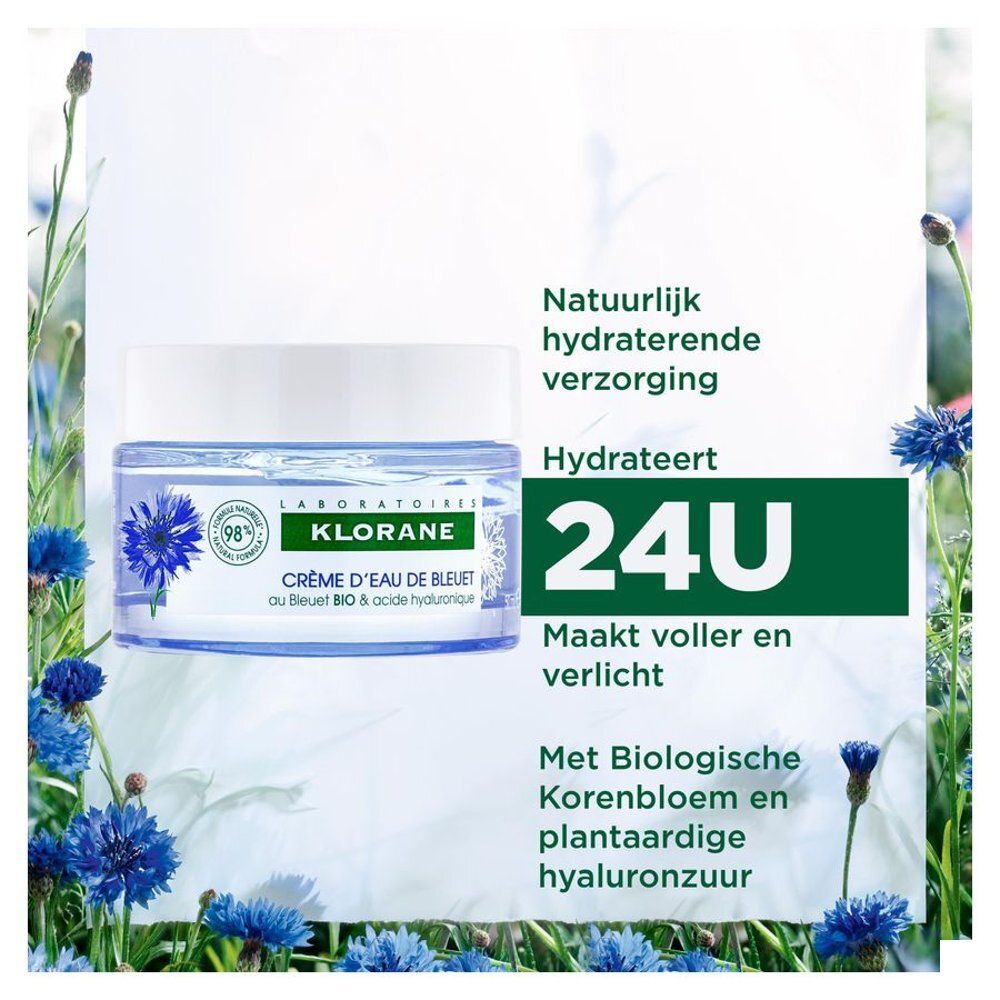 Crèmepot met witte deksel. Opschrift: Klorane, Gel Crème Repulpant Hydratant 24H. 50 ml.