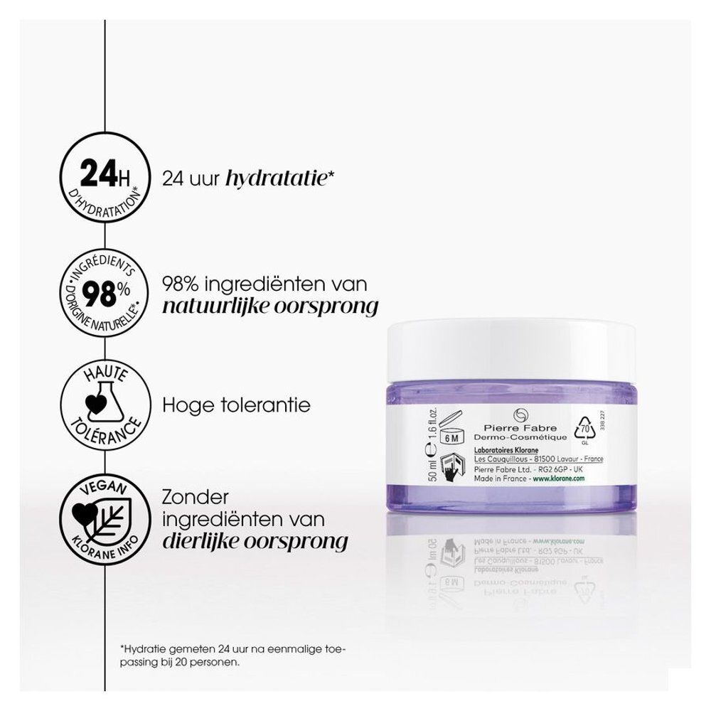 Productverpakking. Opschrift: Klorane, Gel Crème Repulpant Hydratant 24H. Blauwe bloem illustratie.