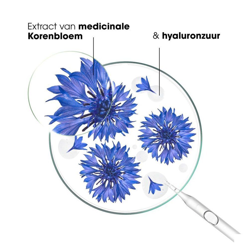 Crèmepot met witte deksel. Opschrift: Klorane, Gel Crème Repulpant Hydratant 24H. Blauwe bloem illustratie.