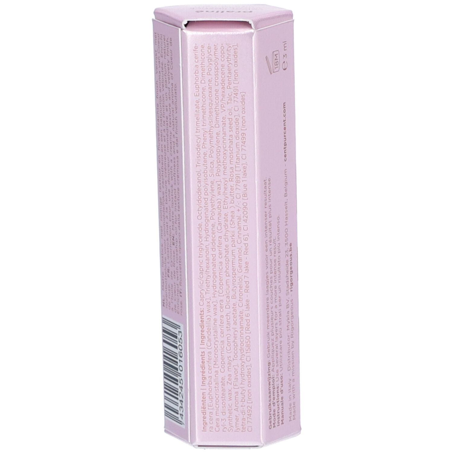 Roze zeshoekige lippenstiftverpakking, met ingrediënten en barcode. Opschrift: Cent Pur Cent.