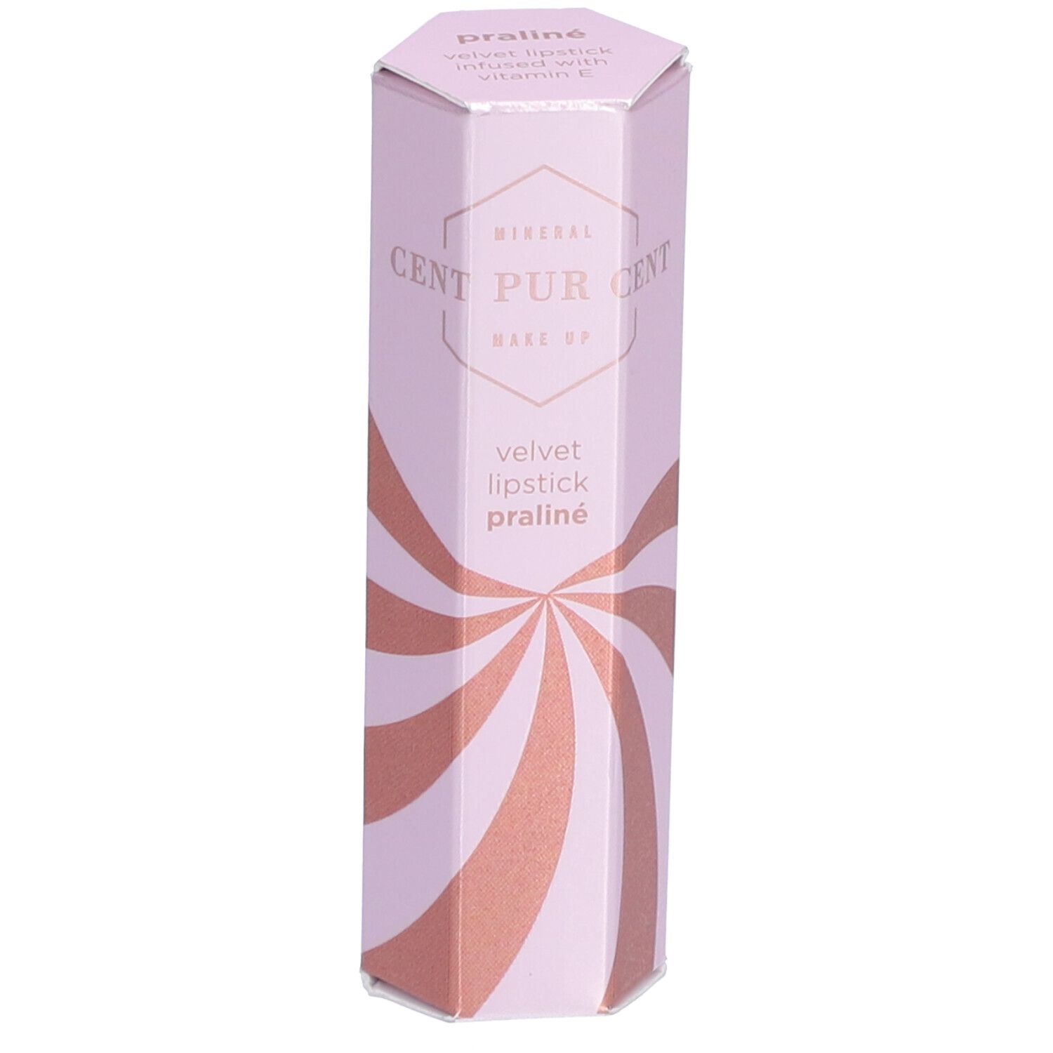 Roze zeshoekige lippenstiftverpakking met bruine strepen. Opschrift: Cent Pur Cent, Velvet Lipstick Praliné.