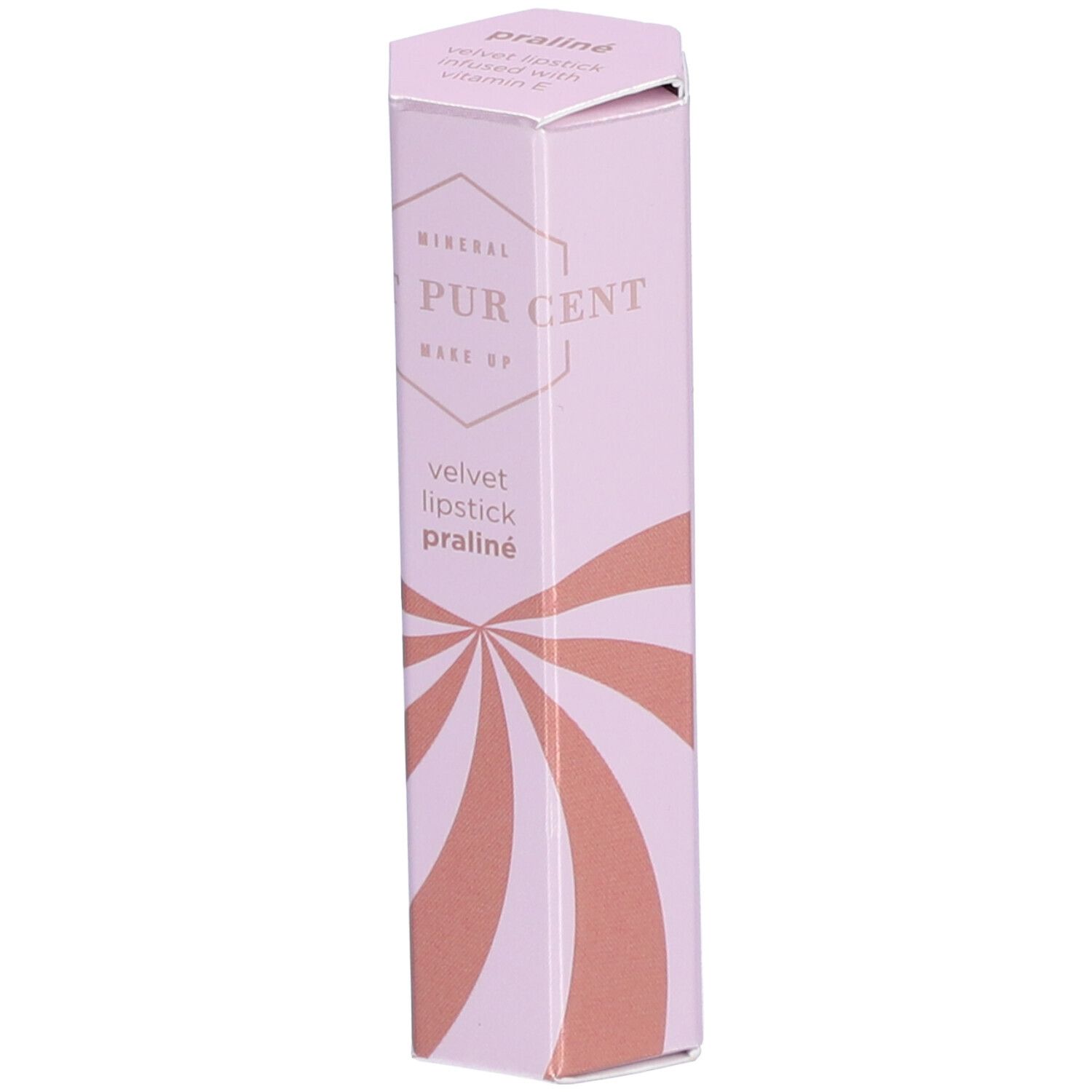 Roze zeshoekige lippenstiftverpakking met bruine strepen. Opschrift: Cent Pur Cent, Velvet Lipstick Praliné.
