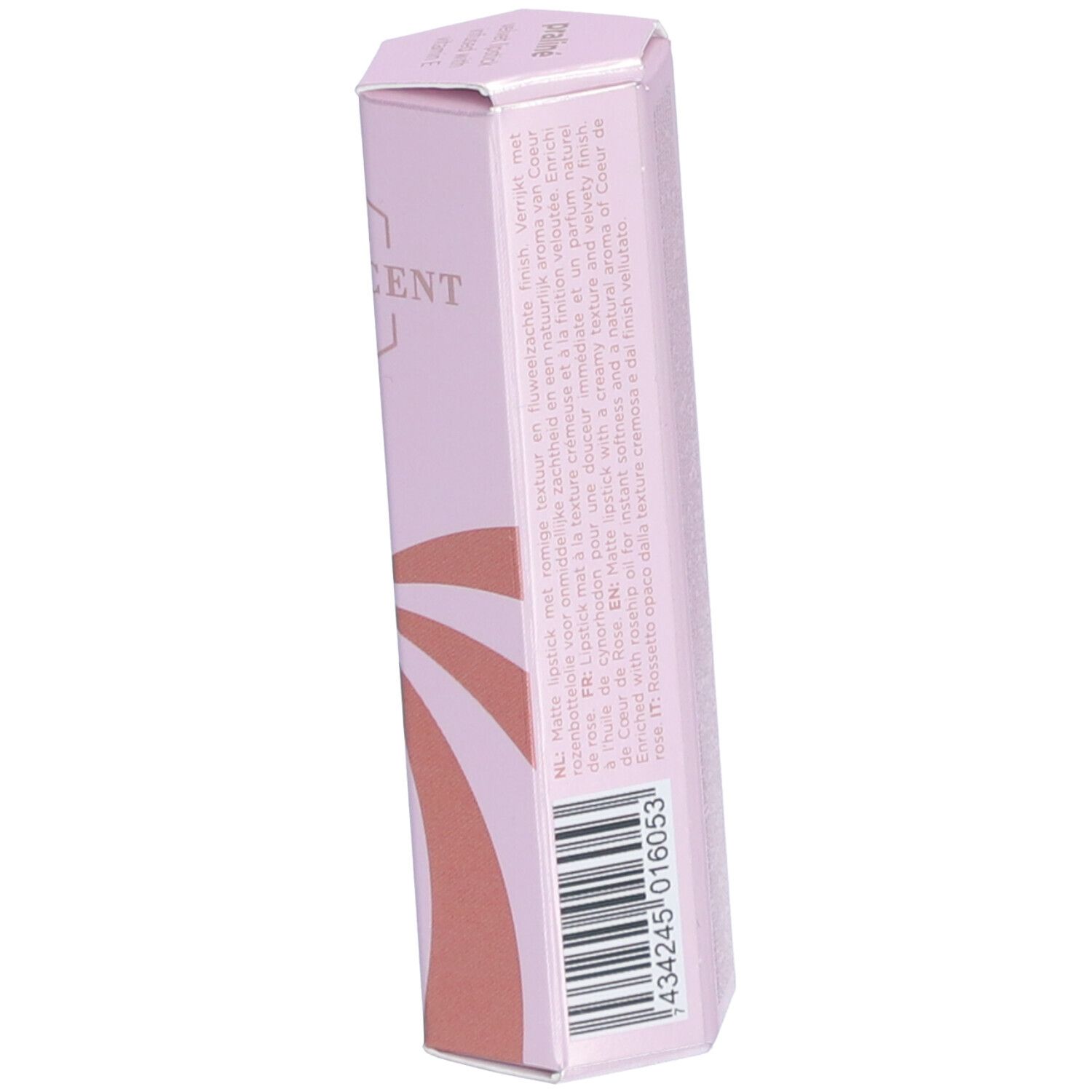 Roze zeshoekige lippenstiftverpakking met bruine strepen en barcode. Opschrift: Cent Pur Cent.