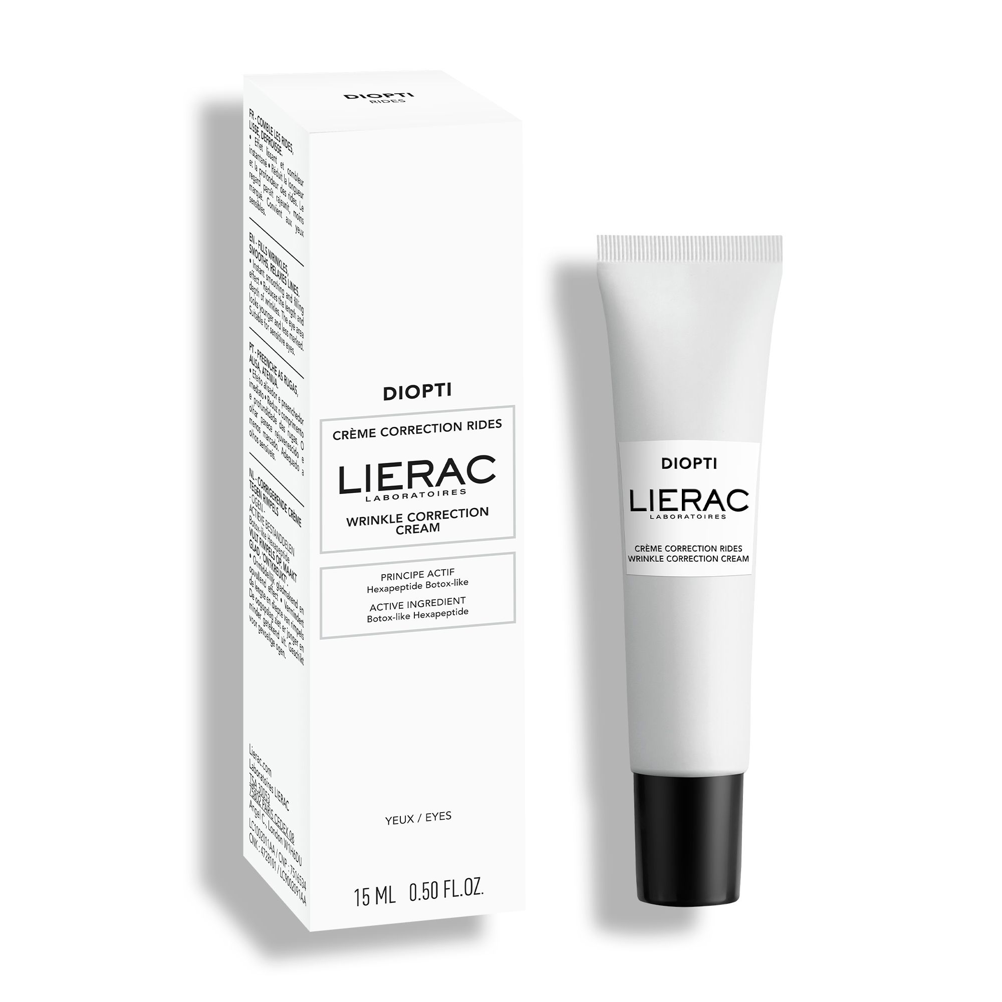 Witte tube en doos. Opschrift: DIOPTI, LIERAC. Tekst: CREME CORRECTION RIDES. Product voor de oogcontour. 15 ml.