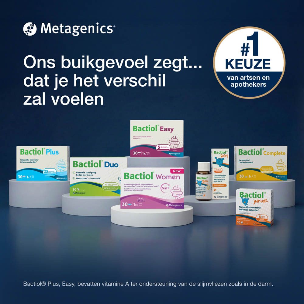 Bactiol Easy. Opschrift: 30 capsules, 1x/dag. Natuurlijke weerstand.