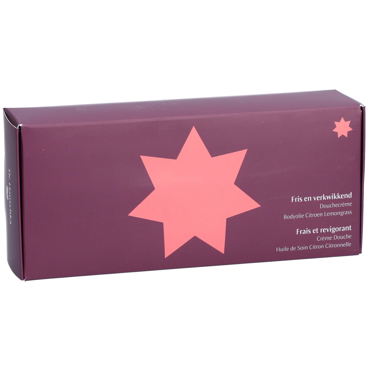 Donkerpaarse geschenkdoos met stervormig logo. Tekst: Fris en verkwikkend, Crème Douche, Huile de Soin Citron Citronnelle. Dr. Hauschka logo.