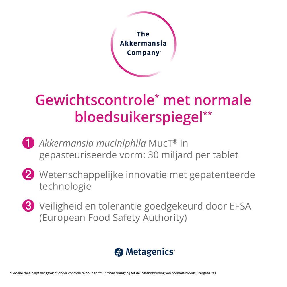 Karton met opschrift: The Akkermansia Company. Gewichtscontrole met normale bloedsuikerspiegel. Met Akkermansia.