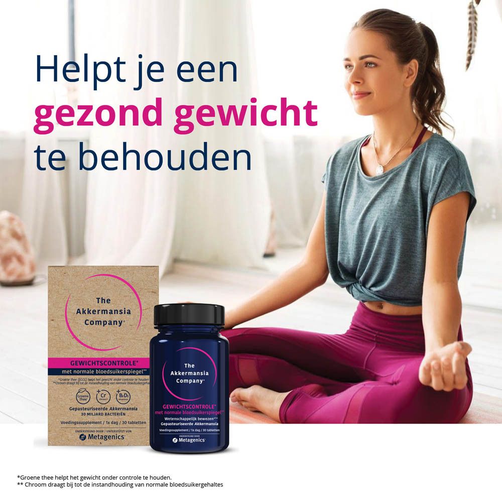 Karton met opschrift: The Akkermansia Company. Gewichtscontrole met normale bloedsuikerspiegel. Met Akkermansia.