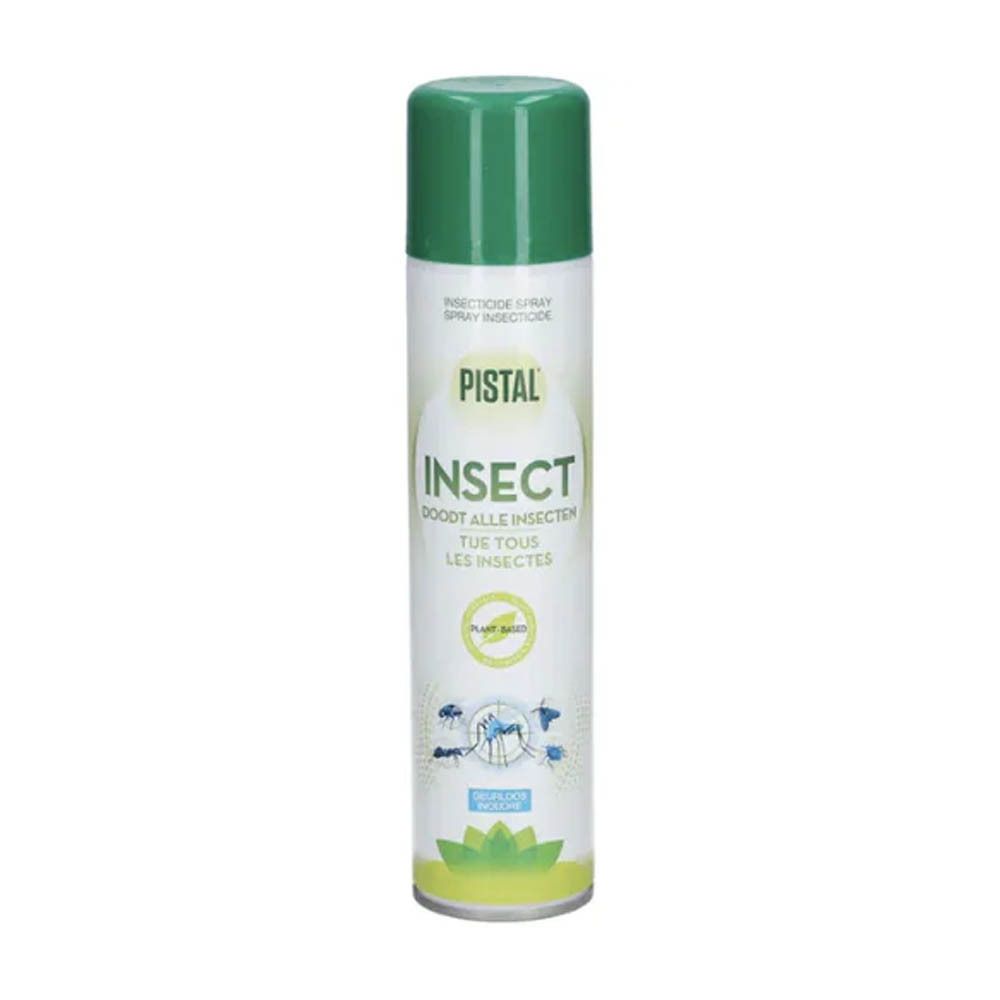 Bombe insecticide Pistal, citronnelle. Blanche, bouchon vert. Inscription INSECT. Base végétale.