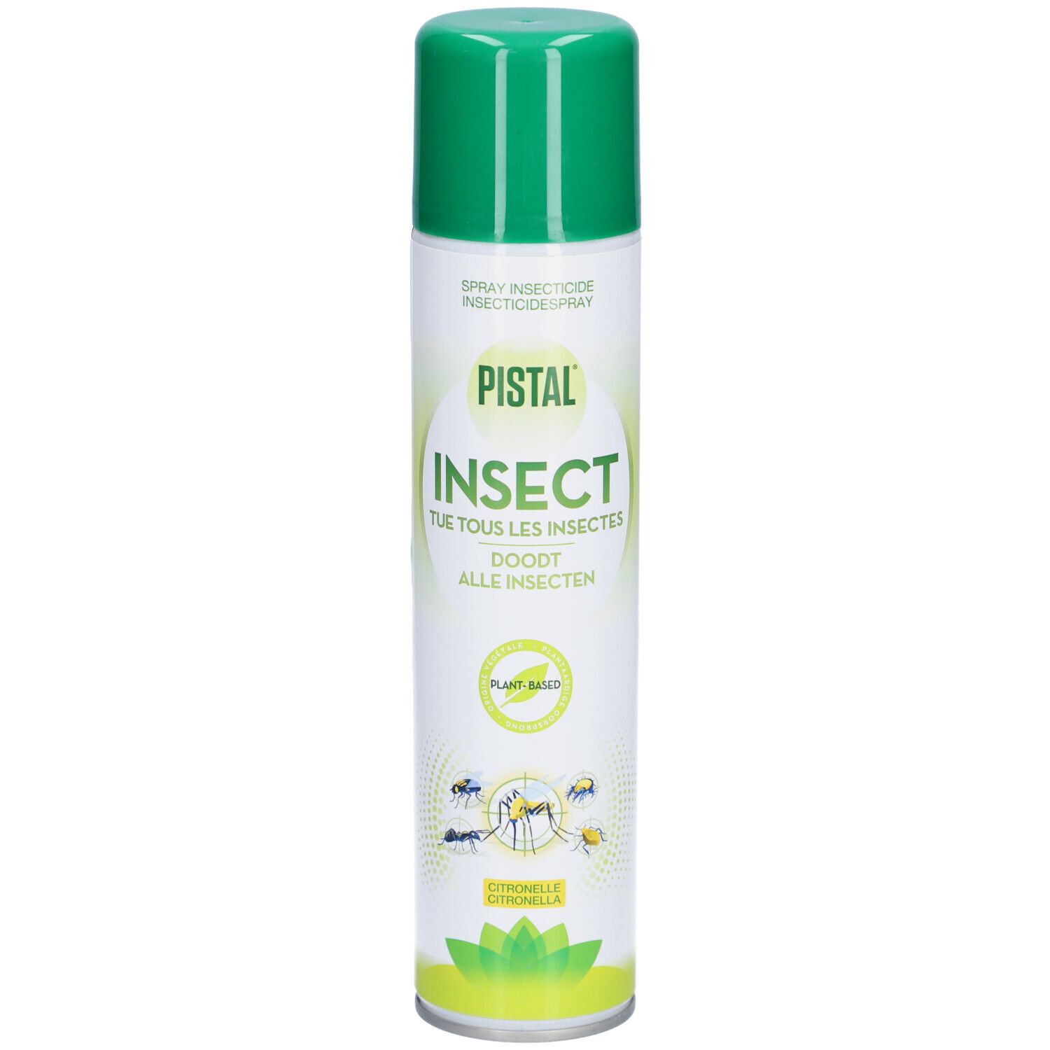 Bombe insecticide Pistal, citronnelle. Blanche, bouchon vert. Inscription INSECT. Base végétale.
