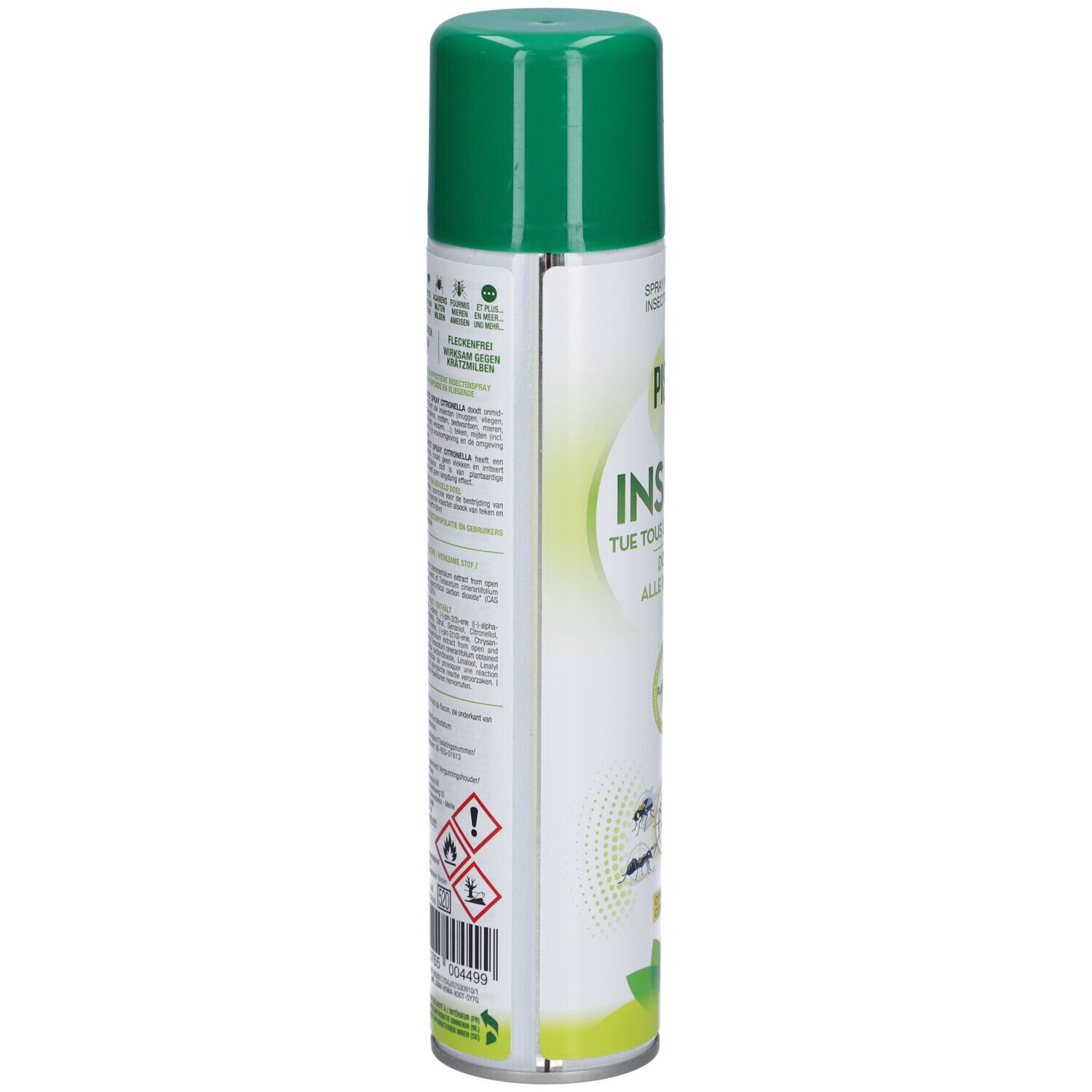Vue latérale du spray insecticide Pistal. Bombe blanche, bouchon vert. Texte et pictogrammes.