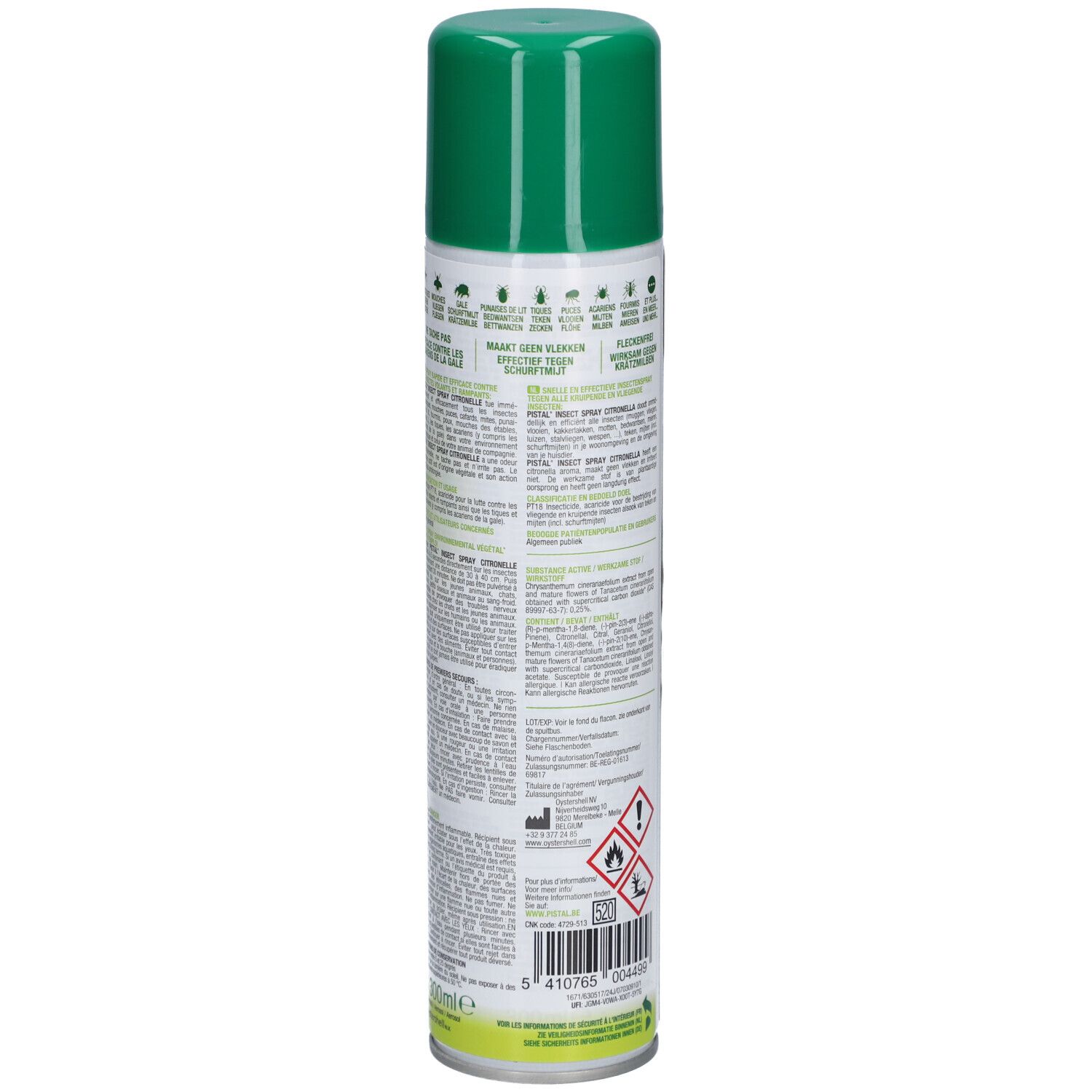 Dos du spray insecticide Pistal. Bombe blanche, bouchon vert. Texte, pictogrammes et avertissements.