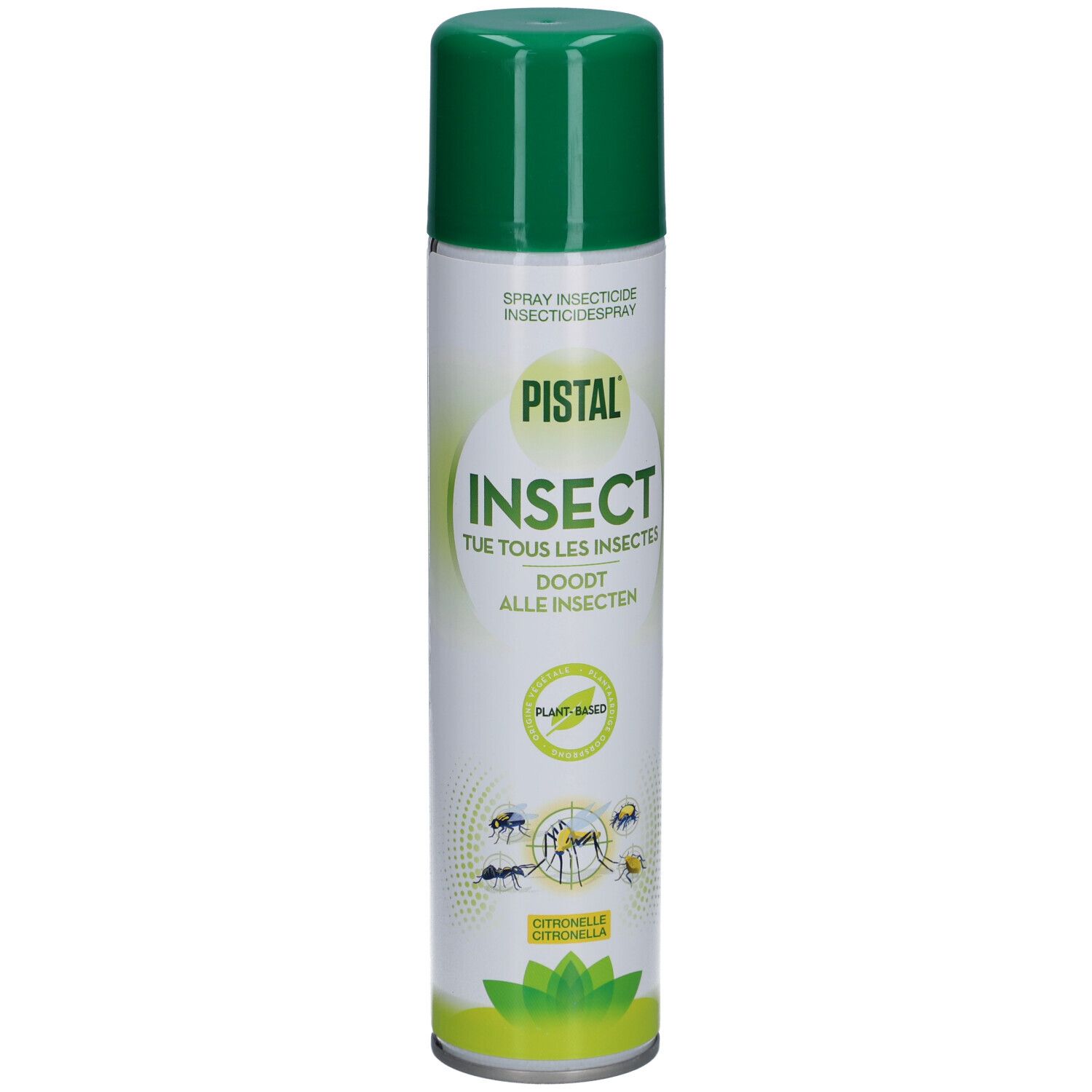 Bombe insecticide Pistal, citronnelle. Blanche, bouchon vert. Inscription INSECT. Base végétale.
