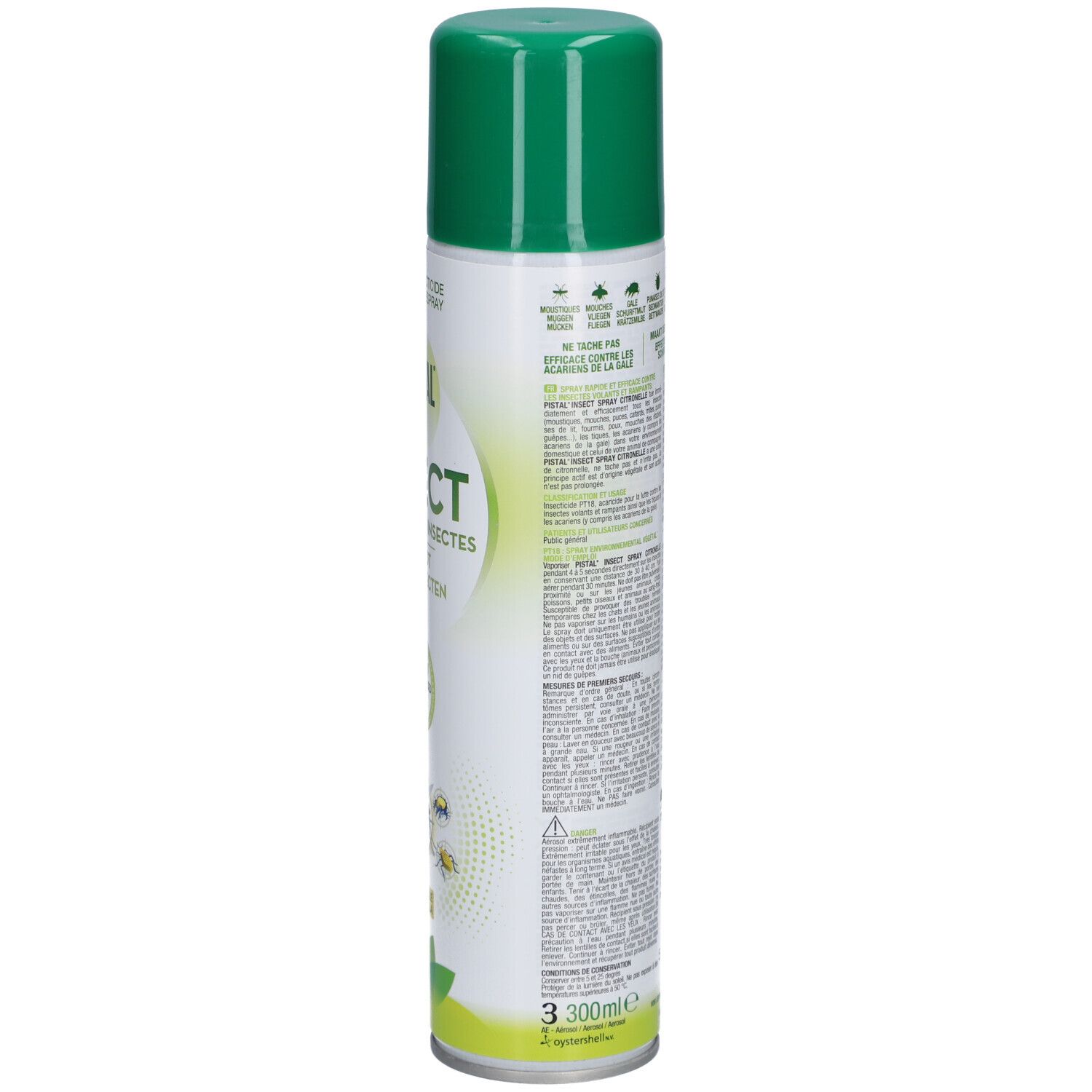 Vue latérale du spray insecticide Pistal. Bombe blanche, bouchon vert. Texte et volume 300ml.