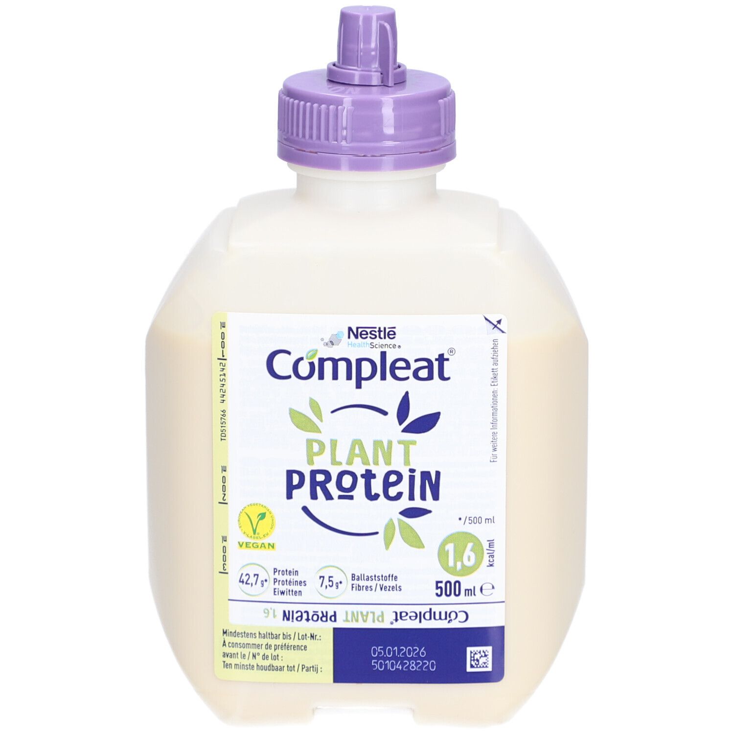Nestlé Compleat Plant Protein 1.6. Bouteille avec bouchon violet. Vegan. 500ml. Inscription: Plant Protein.