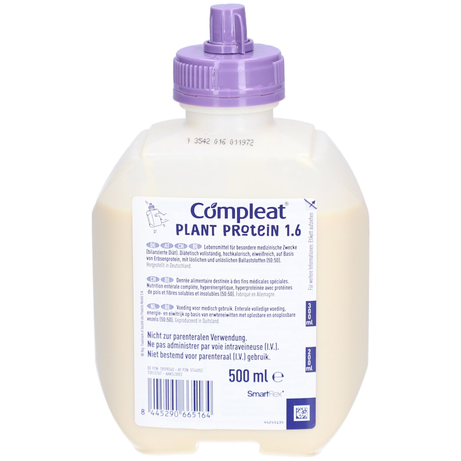 Nestlé Compleat Plant Protein 1.6. Bouteille avec bouchon violet. 500ml. Texte: Pour des besoins médicaux spéciaux.