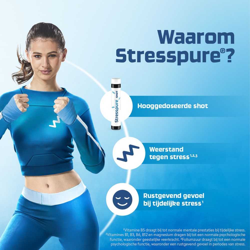 Vrouw met shot. Opschrift: Stresspure SHOT. Hooggedoseerde shot. Weerstand tegen stress. Rustgevend gevoel.