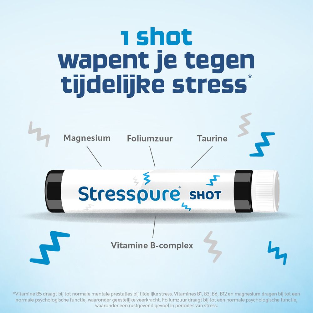 Shotfles. Opschrift: Stresspure SHOT. Magnesium, foliumzuur, taurine, vitamine B-complex.