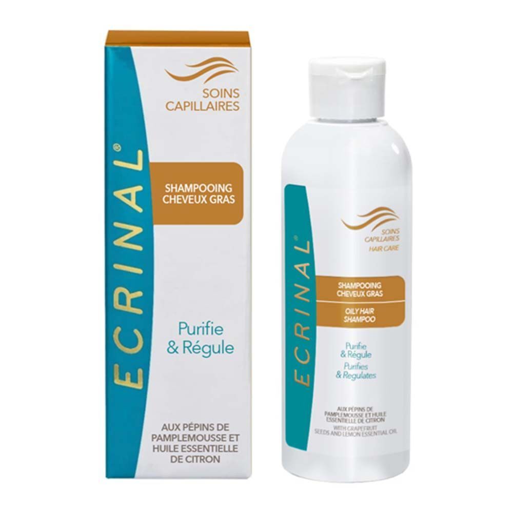 Ecrinal Shampooing Cheveux Gras. Witte fles en doos. Tekst: Shampooing Cheveux Gras, Purifie & Régule. Met grapefruit en citroen.