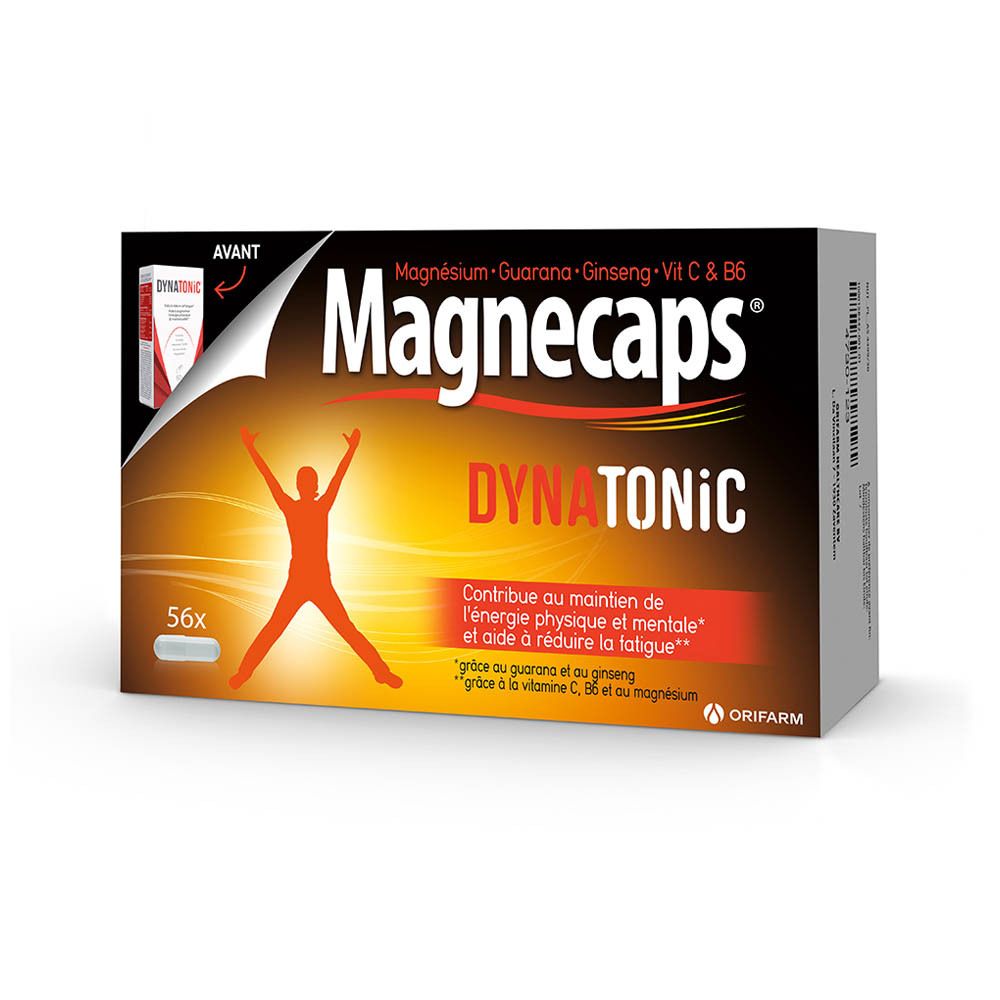 Boîte de Magnecaps Dynatonic. Contient 56 gélules. Inscription: Magnésium, Guarana, Ginseng, Vit C & B6. Silhouette d'une personne.