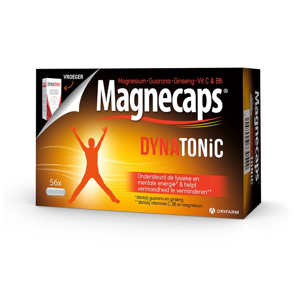 Doos Magnecaps Dynatonic. Bevat 56 capsules. Opschrift: Magnesium, Guarana, Ginseng, Vit C & B6. Afbeelding van een persoon.